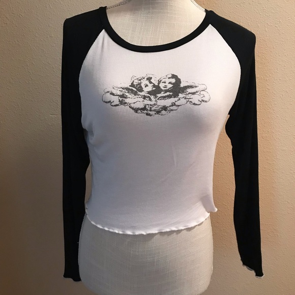 SHEIN Tops - Angel long sleeve crop crewneck lettuce hem white and black top